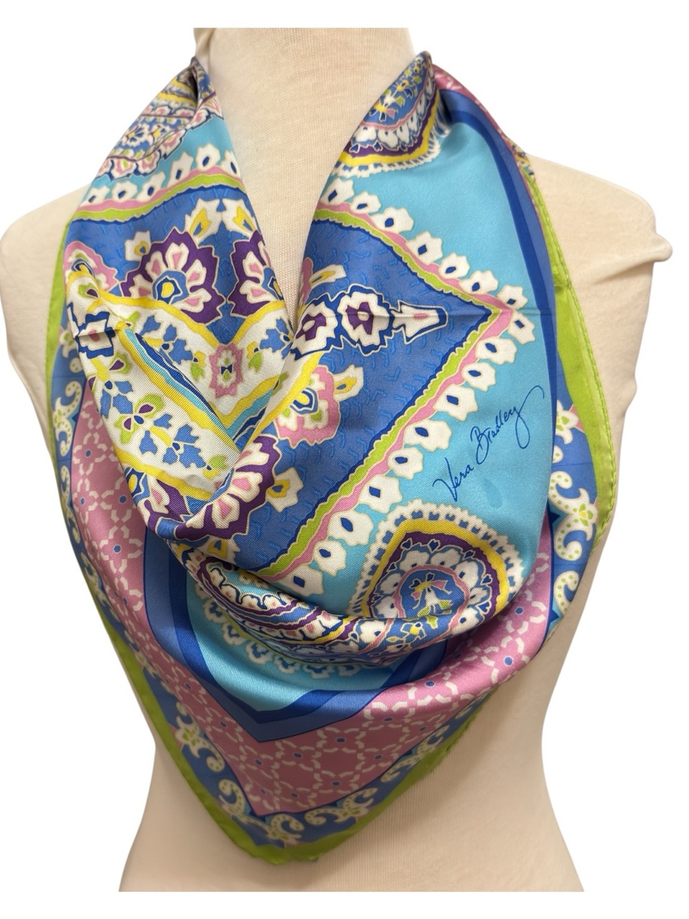 Vera Bradley 100% Silk Square Scarf 27” Paisley Blue Green Pink